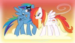 Size: 1739x1000 | Tagged: safe, artist:lugiaangel, oc, oc only, oc:lightning blitz, oc:sunset breeze, pegasus, pony, cloud, couple, duo, duo male and female, female, goggles, goggles on head, grin, lidded eyes, male, mare, oc x oc, on a cloud, raised hoof, shipping, smiling, spread wings, stallion, sunset, wings