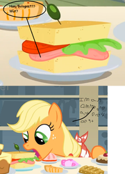 Size: 589x819 | Tagged: safe, edit, edited screencap, screencap, applejack, earth pony, pony, a bird in the hoof, g4, my little pony: friendship is magic, comic, cropped, female, hatless, meat, missing accessory, ms paint, omnivore, open mouth, ponies eating meat, screencap comic, solo