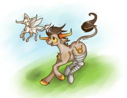 Size: 900x699 | Tagged: safe, artist:pony-untastic, pony, amputee, bull horns, duo, homestuck, horns, male, ponified, prosthetic leg, prosthetic limb, prosthetics, robotic leg, stallion, tavros nitram, tinkerbull