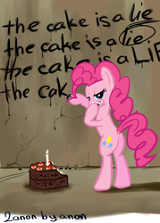 Size: 1000x1400 | Tagged: safe, artist:fiarel, pinkie pie, earth pony, pony, g4, bipedal, black forest cake, cake, female, portal (valve), solo, the cake is a lie