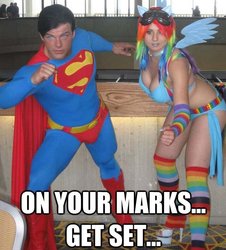 Size: 623x688 | Tagged: safe, rainbow dash, human, g4, breasts, cosplay, image macro, irl, irl human, male, photo, superman, wat