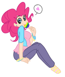 Size: 442x522 | Tagged: safe, artist:elslowmo, artist:jessy, pinkie pie, human, g4, clothes, colored, female, food, heart, humanized, lollipop, missing shoes, socks, solo, striped socks