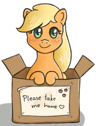 Size: 380x500 | Tagged: safe, applejack, pony, g4, adoption, blushing, box, cute, female, happy, hatless, jackabetes, leaning, looking at you, missing accessory, pony in a box, smiling, solo