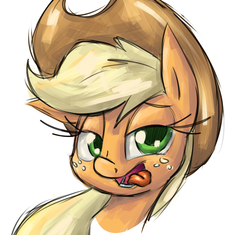 Size: 1538x1446 | Tagged: safe, artist:leadhooves, applejack, earth pony, pony, g4, bust, colored pupils, portrait, silly, silly pony, simple background, sketch, tongue out, white background, who's a silly pony