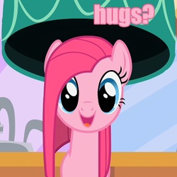 Size: 720x720 | Tagged: safe, edit, edited screencap, screencap, pinkie pie, pony, g4, the best night ever, bronybait, caption, cropped, cute, cuteamena, female, hug, hug request, image macro, looking at you, open mouth, pink text, pinkamena diane pie, smiling, solo