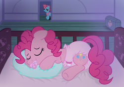 Size: 1000x700 | Tagged: safe, artist:fillyscoots42, cup cake, pinkie pie, g4, adult foal, crib, cute, diaper, diaper fetish, diapinkes, female, non-baby in diaper, pacifier, pink diaper, pinkie pie's house, poofy diaper, show accurate