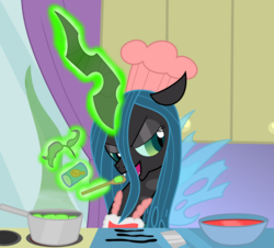 Size: 3000x2706 | Tagged: safe, artist:dazed-and-wandering, queen chrysalis, changeling, changeling queen, g4, cooking, female, glowing, glowing horn, high res, horn, solo, this will end in tears and/or breakfast