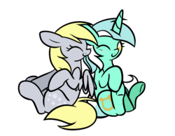 Size: 900x700 | Tagged: safe, artist:selective-yellow, derpy hooves, lyra heartstrings, pegasus, pony, unicorn, g4, blushing, boop, cute, cutie mark, duo, eyes closed, female, lesbian, lyraderp, mare, nuzzling, one eye closed, raised hoof, shipping, simple background, sitting, smiling, spread wings, transparent background, underhoof, vector, wings, wink