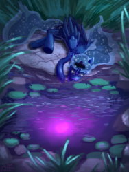 Size: 1500x2000 | Tagged: safe, artist:ruffu, princess luna, pony, g4, female, moon, night, solo, water