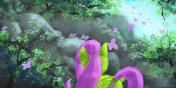 Size: 2048x1024 | Tagged: safe, artist:ruffu, fluttershy, butterfly, pony, g4, female, rear view, solo