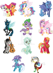 Size: 1024x1413 | Tagged: dead source, safe, artist:onceuponadoodle, apple bloom, big macintosh, discord, lyra heartstrings, octavia melody, princess cadance, princess celestia, princess luna, queen chrysalis, scootaloo, spike, sweetie belle, trixie, alicorn, earth pony, pegasus, pony, unicorn, g4, cutie mark crusaders, deviantart watermark, female, filly, male, mare, obtrusive watermark, stallion, watermark