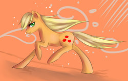 Size: 900x571 | Tagged: safe, artist:edahi, applejack, g4, loose hair, running, smiling