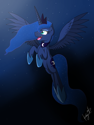 Size: 1500x2000 | Tagged: safe, artist:kyroking, princess luna, pony, g4, female, flying, happy, night, solo