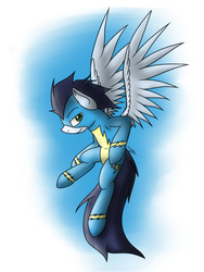 Size: 1200x1600 | Tagged: safe, artist:kyroking, soarin', pegasus, pony, g4, clothes, flying, male, smiling, stallion, uniform, wonderbolts uniform