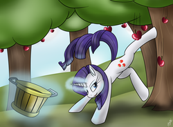 Size: 1900x1400 | Tagged: safe, artist:kyroking, rarity, pony, g4, apple, applebucking, solo