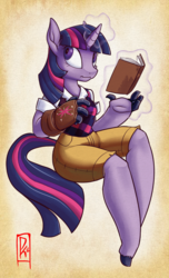 Size: 724x1192 | Tagged: dead source, safe, artist:dmkamikazee, artist:sunbusting, twilight sparkle, anthro, unguligrade anthro, g4, book, clothes, gauntlet, magic, telekinesis