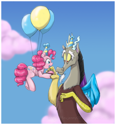 Size: 900x971 | Tagged: safe, artist:feujenny07, discord, pinkie pie, draconequus, earth pony, pony, g4, balloon, cupcake, female, hat, male, party hat, then watch her balloons lift her up to the sky