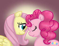 Size: 600x469 | Tagged: safe, artist:feujenny07, fluttershy, pinkie pie, earth pony, pegasus, pony, g4, female, lesbian, ship:flutterpie, shipping, smiling