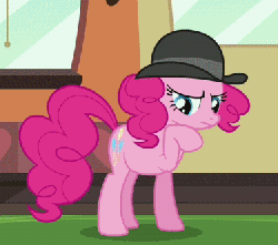 Size: 375x332 | Tagged: safe, screencap, pinkie pie, g4, mmmystery on the friendship express, animated, cropped, derby (hat), female, thinking, unsure