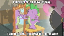 Size: 680x383 | Tagged: safe, edit, edited screencap, screencap, gummy, pinkie pie, spike, dragon, g4, my little pony: friendship is magic, party of one, caption, looking good spike, mirror, shawn michaels, wwe