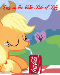 Size: 422x525 | Tagged: safe, applejack, earth pony, pony, g4, coca-cola, drinking, drinking straw, eyes closed, female, mare, picnic blanket, solo, text, tree