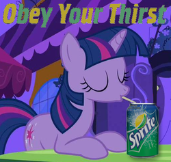 Size: 512x486 | Tagged: safe, artist:kuren247, twilight sparkle, pony, g4, drink, female, product placement, solo, sprite, text