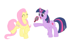 Size: 1600x900 | Tagged: safe, artist:iraecoal, fluttershy, twilight sparkle, pegasus, pony, unicorn, g4, blushing, female, lesbian, mare, ship:twishy, shipping, simple background, singing, transparent background, unicorn twilight