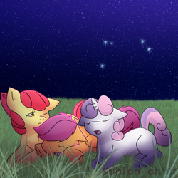 Size: 1000x1000 | Tagged: dead source, safe, artist:kibapuppypaws, apple bloom, scootaloo, sweetie belle, g4, cutie mark crusaders, night, sleeping, tired