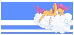 Size: 900x428 | Tagged: safe, artist:rigi, scootaloo, pegasus, pony, g4, cloud, female, filly, on a cloud, scootaloo can fly, solo