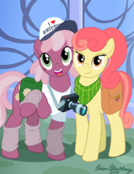 Size: 725x938 | Tagged: safe, artist:brianblackberry, apple bumpkin, cheerilee, earth pony, pony, g4, apple family member, bottomless, camera, clothes, leg warmers, partial nudity, saddle bag