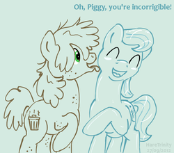 Size: 500x439 | Tagged: safe, artist:haretrinity, pigpen, squeaky clean, earth pony, pony, g4, cute, duo, eyes closed, female, gray background, hair over one eye, laughing, lesbian, licking, mare, messy mane, open mouth, raised hoof, rule 63, shipping, simple background, smiling, squeakypen