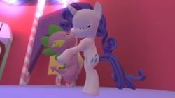 Size: 1366x768 | Tagged: safe, artist:genuine-azelf, artist:rose-supreme, rarity, spike, dragon, pony, unicorn, g4, 3d, cute, daaaaaaaaaaaw, duo, eyes closed, female, gmod, interspecies, kiss on the lips, kissing, male, mare, ship:sparity, shipping, source filmmaker, story included, straight