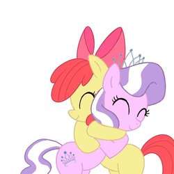 Size: 680x680 | Tagged: safe, artist:madmax, apple bloom, diamond tiara, earth pony, pony, g4, adorabloom, colored, cute, diamondbetes, eyes closed, female, friends, heartwarming in hindsight, hug, lesbian, ship:diamondbloom, shipping, simple background, tiaralove, white background