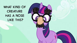 Size: 680x383 | Tagged: safe, edit, edited screencap, screencap, twilight sparkle, pony, g4, it's about time, female, glasses, groucho mask, image macro, solo