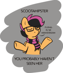 Size: 691x800 | Tagged: safe, artist:pippy, scootaloo, pegasus, pony, g4, clothes, eyes closed, glasses, hipster, hipsterloo, scarf, text