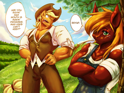 Size: 800x600 | Tagged: safe, artist:kokuhane, artist:whitestar1802, applejack, big macintosh, earth pony, anthro, applebuck season, g4, applejack (male), applejacked, clothes, collaboration, comic, crossed arms, dialogue, duo, duo male and female, female, hand on hip, macareina, male, muscles, muscular male, overalls, rule 63, scene interpretation, speech bubble, straw in mouth, sweet apple acres, tree, vest