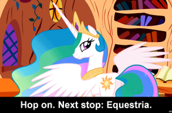 Size: 1024x671 | Tagged: safe, princess celestia, alicorn, pony, g4, book, bronybait, caption, cs captions, female, golden oaks library, mare, solo