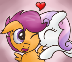 Size: 700x606 | Tagged: safe, artist:smockhobbes, scootaloo, sweetie belle, g4, cute, cutealoo, diasweetes, female, heart, hug, lesbian, ship:scootabelle, shipping