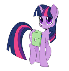 Size: 1351x1390 | Tagged: safe, artist:helhoof, twilight sparkle, pony, unicorn, g4, bag, female, mare, saddle bag, simple background, smiling, solo, white background