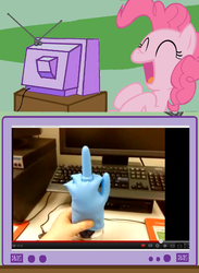 Size: 563x770 | Tagged: safe, pinkie pie, earth pony, pony, g4, exploitable meme, laughing, meme, tv meme, useless invention