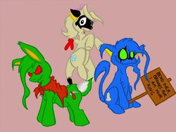 Size: 1280x960 | Tagged: safe, artist:david hopkins, oc, pony, arloest, bend over, dead, drip, female, frown, glare, jack, jack (webcomic), male, ponified, simple background, sitting, smiling, trio, wat, wavy mouth