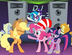 Size: 1213x929 | Tagged: safe, artist:mjbedi, applejack, carrot top, derpy hooves, dj pon-3, golden harvest, pinkie pie, twilight sparkle, vinyl scratch, pegasus, pony, g4, dancing, female, mare, rave