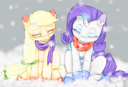 Size: 813x557 | Tagged: safe, artist:colorlesscupcake, applejack, rarity, g4, clothes, duo, female, lesbian, scarf, ship:rarijack, shipping