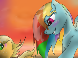 Size: 800x600 | Tagged: safe, artist:arianalovesyou, applejack, rainbow dash, g4, beach, blushing, female, lesbian, ship:appledash, shipping, sunset