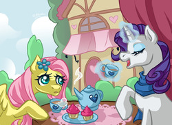 Size: 3000x2200 | Tagged: safe, artist:miss-straydoll, fluttershy, rarity, g4, clothes, cupcake, high res, scarf, tea, tea party