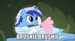 Size: 624x341 | Tagged: safe, edit, edited screencap, screencap, minuette, mouse, pony, unicorn, g4, my little pony: friendship is magic, season 1, winter wrap up, brushie, caption, cute, duster, ei, hub logo, image macro, mouth hold