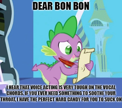 Size: 436x386 | Tagged: safe, edit, edited screencap, screencap, spike, dragon, friendship is magic, g4, black text, caption, image macro, letter, male, quill, scroll, solo, spike's love letters, tongue out, twilight's canterlot home, window