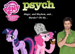 Size: 350x254 | Tagged: safe, pinkie pie, twilight sparkle, g4, crossover, fanfic, fanfic art, fanfic cover, magic, magic and mayhem and... murder? oh my..., my little pony logo, psych, shawn spencer, upset