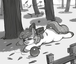 Size: 827x699 | Tagged: safe, artist:kevinsano, apple bloom, earth pony, pony, g4, apple, female, grayscale, lying down, monochrome, prone, solo, sploot