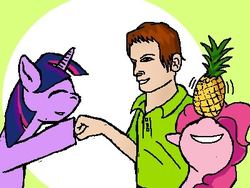 Size: 400x300 | Tagged: safe, artist:owlor, pinkie pie, twilight sparkle, g4, crossover, hoofbump, pineapple, psych, shawn spencer